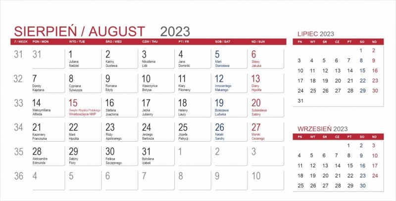 Kalendarium 3-miesięczne do kalendarza biurkowego na rok 2023 - sierpień 2023