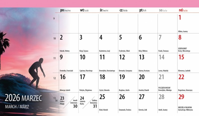 miesięczny kalendarz do postawienia na biurko na rok 2026