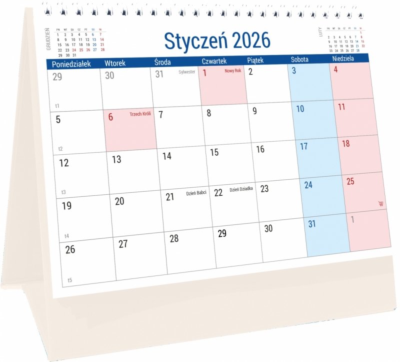 Kalendarz biurkowy PLANO na rok 2026 z dużą ilością miejsca na notatki