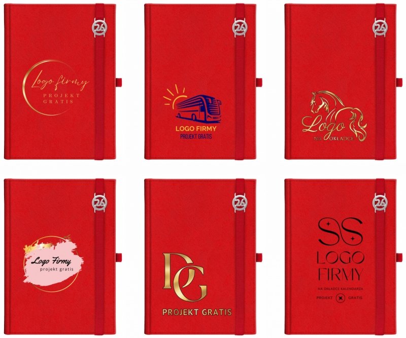 Kalendarz książkowy 2026 B5 dzienny papier chamois wycinane registry oprawa z zamykaniem na gumkę i mocowaniem na długopis ROSSA VIU czerwona Z NADRUKIEM LOGO