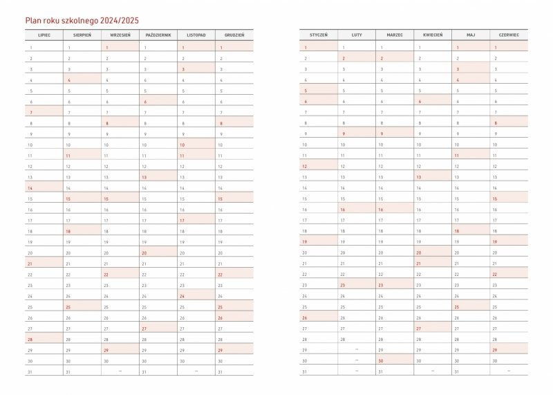 kalendarz z planem roku szkolnego 2024/2025