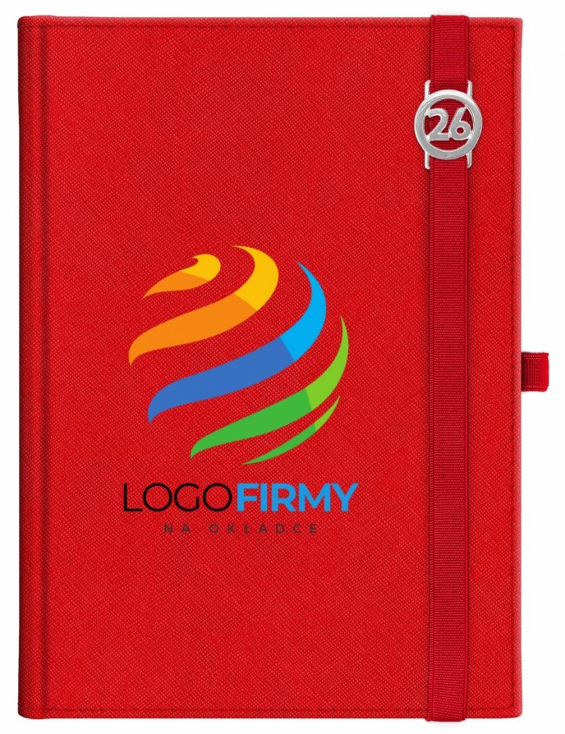 Kalendarz książkowy 2026 B5 dzienny papier chamois wycinane registry oprawa z zamykaniem na gumkę i mocowaniem na długopis ROSSA VIU czerwona Z NADRUKIEM LOGO