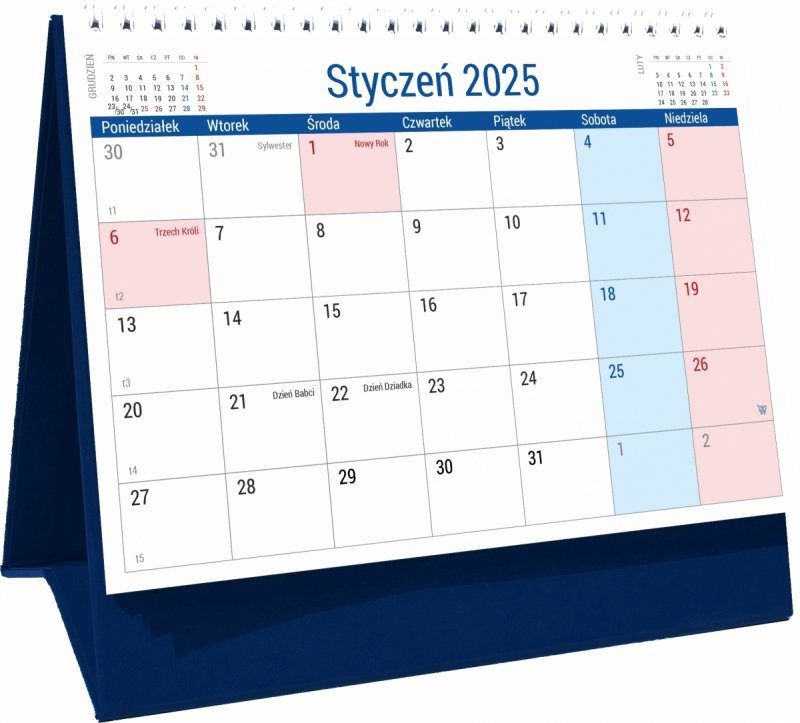 Kalendarz biurkowy PLANO na rok 2025 z dużą ilością miejsca na notatki
