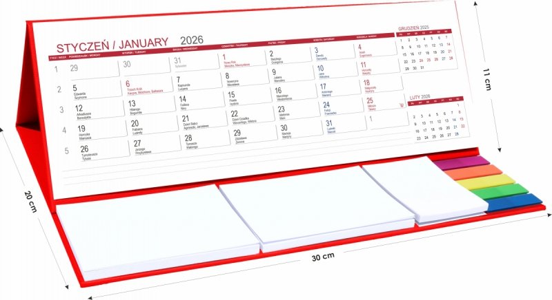 Kalendarz biurkowy z notesami i znacznikami samoprzylepnymi MAXI 2026 czerwony