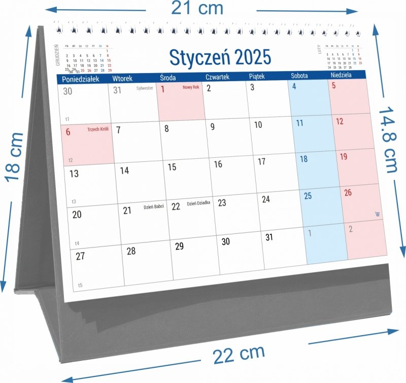 Wymiary kalendarza biurkowego PLANO na rok 2025