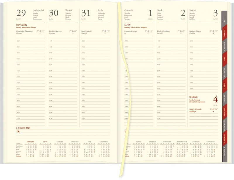 Blok kalendarza A4 tygodniowy z papierem chamois i wycinanymi registrami