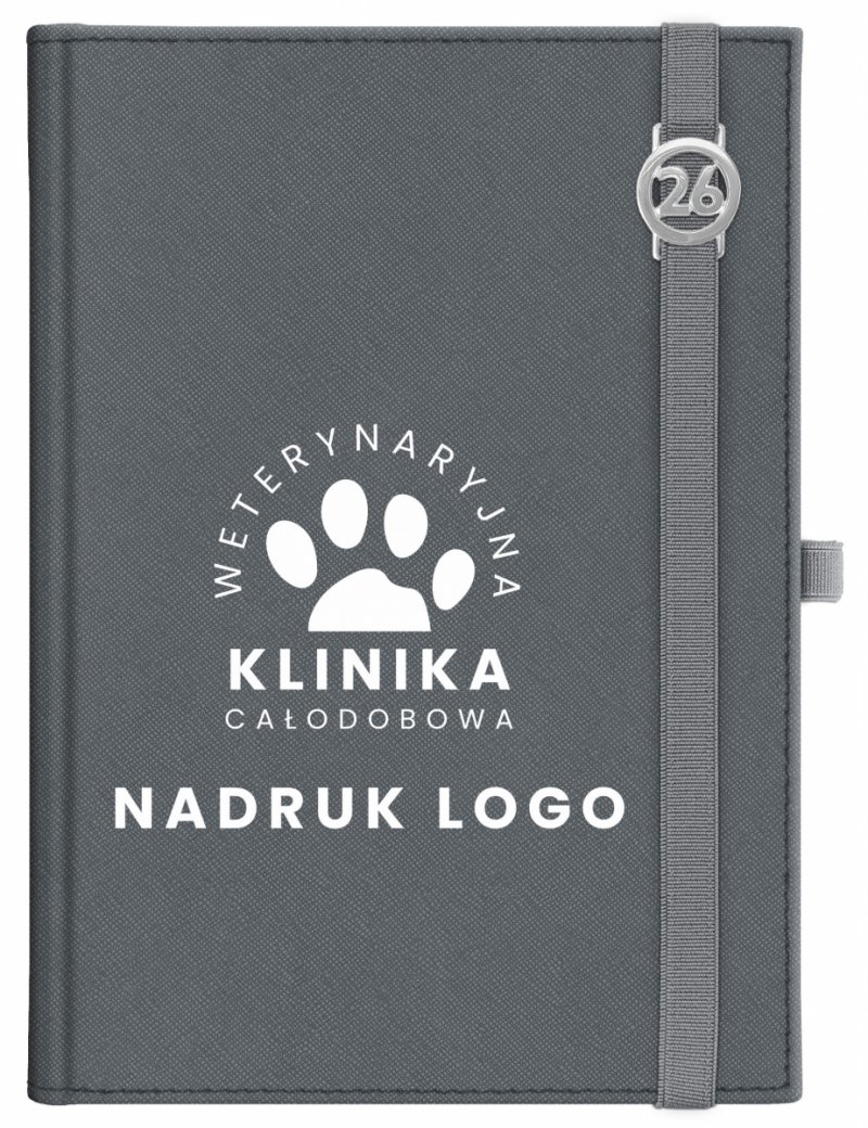 Kalendarz książkowy 2026 A5 dzienny papier chamois wycinane registry oprawa z zamykaniem na gumkę i mocowaniem na długopis ROSSA VIU szara  Z NADRUKIEM LOGO