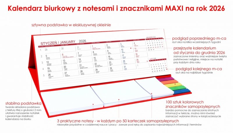 Kalendarz biurkowy z notesami i znacznikami samoprzylepnymi MAXI 2026 czerwony