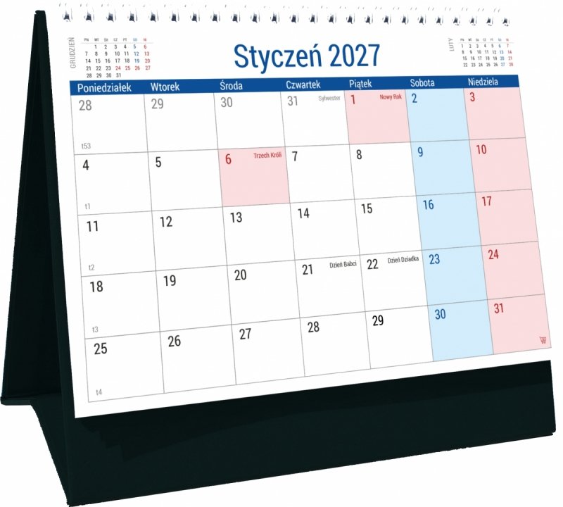 Kalendarz biurkowy PLANO na rok 2027 z dużą ilością miejsca na notatki