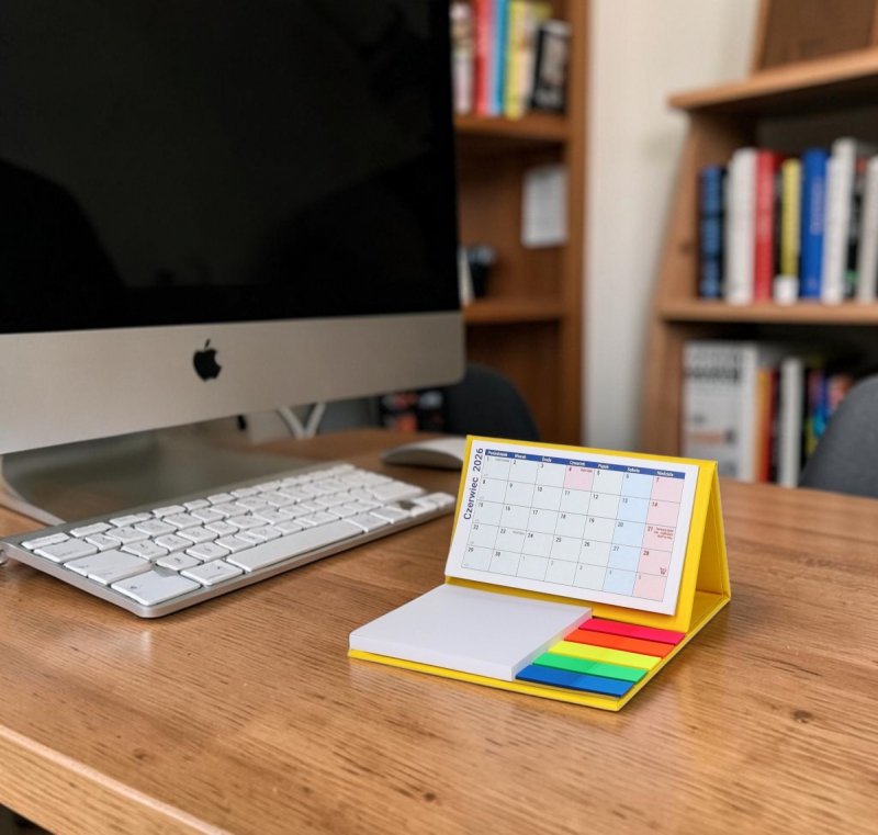 kalendarz do postawienia na biurku z notesami i znacznikami na rok szkolny 2026/2027