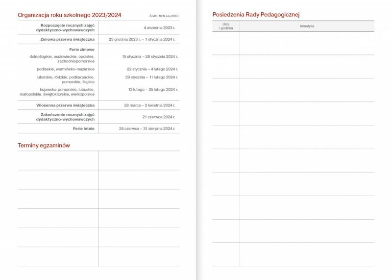 kalendarz książkowy z tabelami dla nauczycieli i wychowawców
