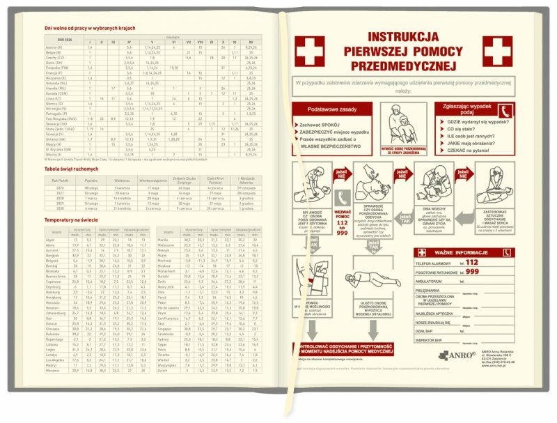dni wolne od pracy w wybranych krajach, tabela świąt ruchomych oraz instrukcja pierwszej pomocy przedmedycznej