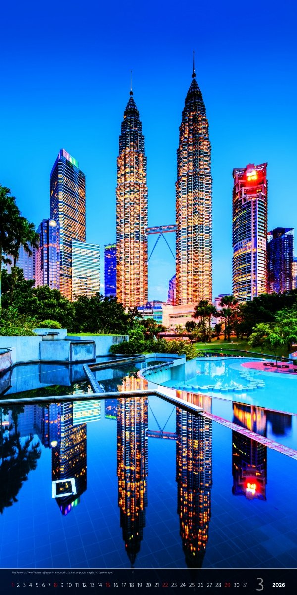 kalendarz wieloplanszowy z pięknym zdjęciem wieżowców i fontanny w Kuala Lumpur