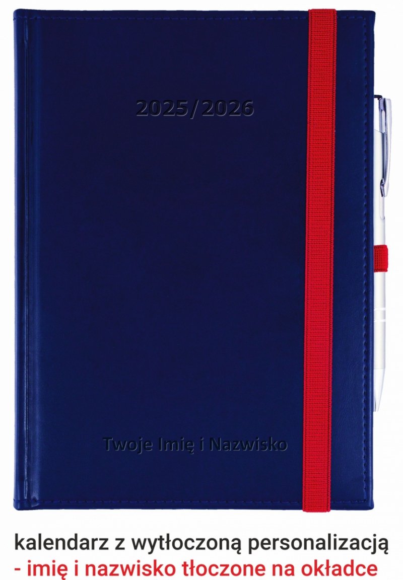 kalendarz książkowy na rok szkolny 2025/2026 zamykany na gumkę z tłoczoną personalizacją