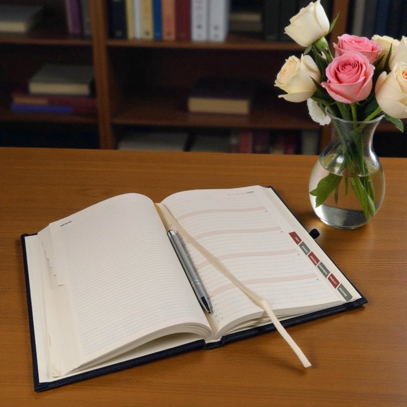 Kalendarz książkowy 2026 A5 dzienny papier chamois wycinane registry oprawa z zamykaniem na gumkę i mocowaniem na długopis ROSSA VIU granatowa Z NADRUKIEM LOGO