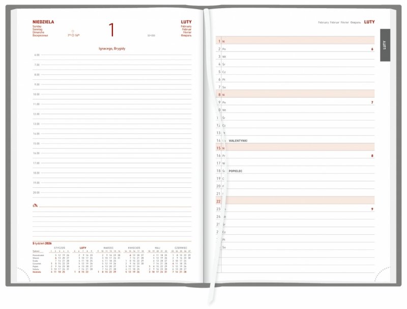 planer przed każdym miesiącem w kalendarzu książkowym na rok 2026
