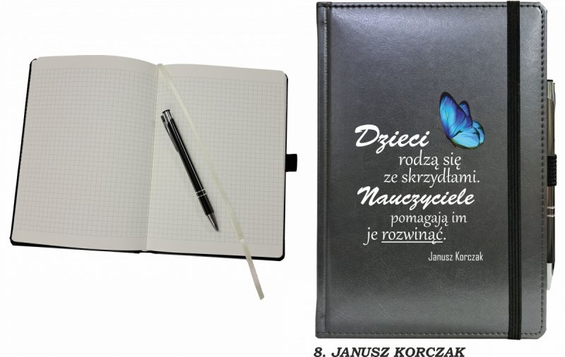 notes zamykany na gumkę z długopisem z grafiką na okładce