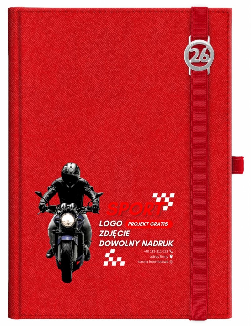 Kalendarz książkowy 2026 A4 dzienny papier chamois wycinane registry oprawa z zamykaniem na gumkę i mocowaniem na długopis ROSSA VIU czerwona Z NADRUKIEM LOGO