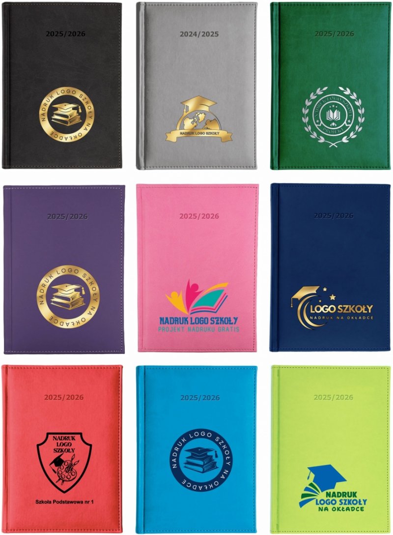 kalendarz książkowy z logo szkoły na okładce