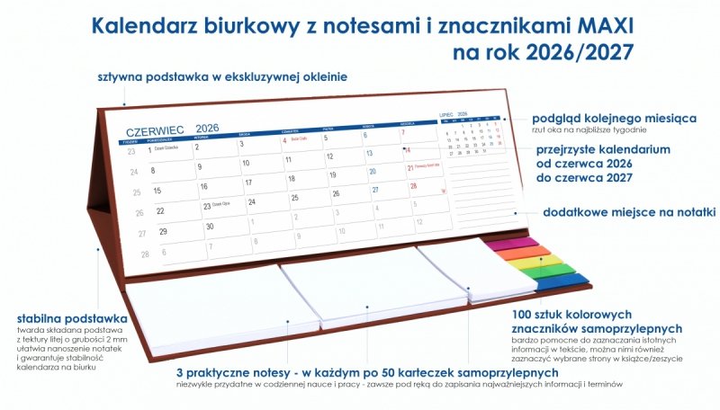opis kalendarza MAXI szkolnego z notesami i znacznikami samoprzylepnymi