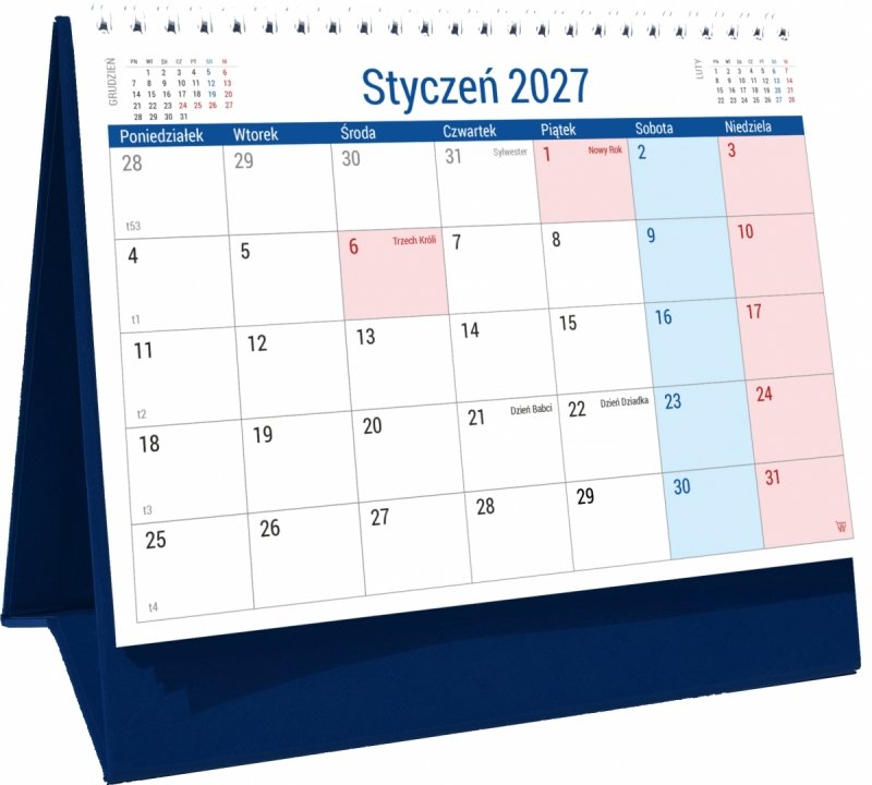 Kalendarz biurkowy PLANO na rok 2027 z dużą ilością miejsca na notatki