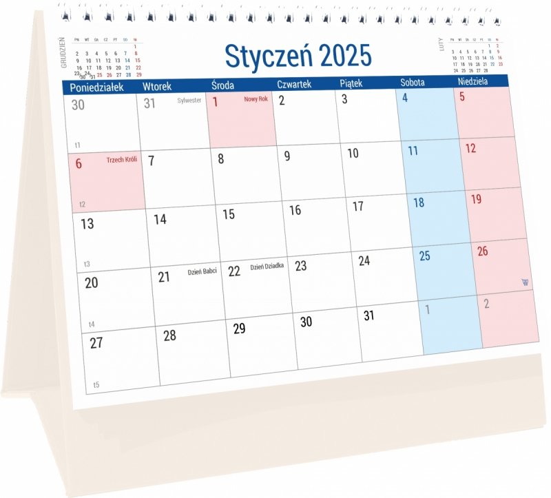 Kalendarz biurkowy PLANO na rok 2025 z dużą ilością miejsca na notatki