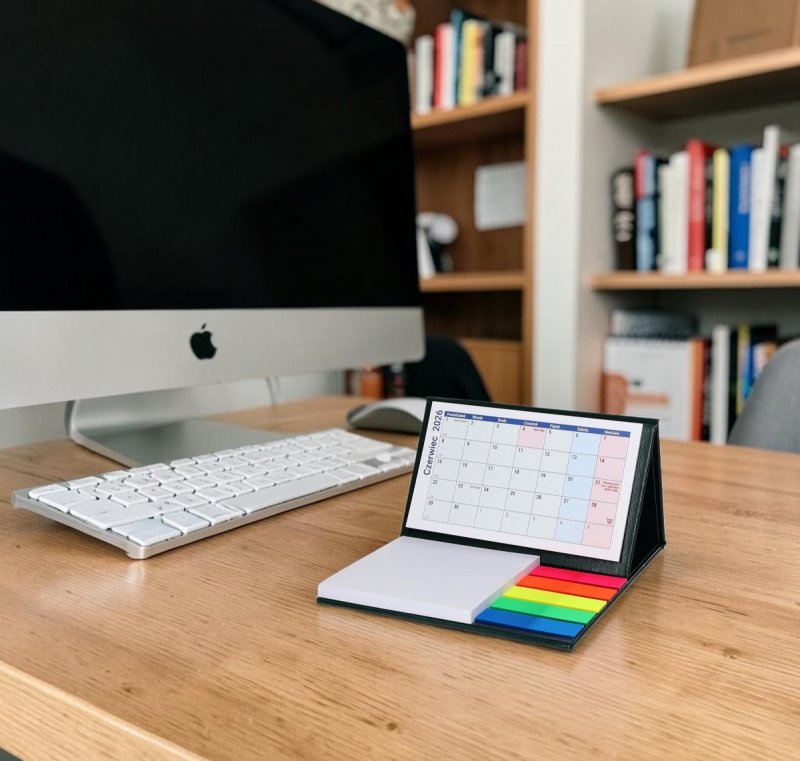kalendarz do postawienia na biurku z notesami i znacznikami na rok szkolny 2026/2027