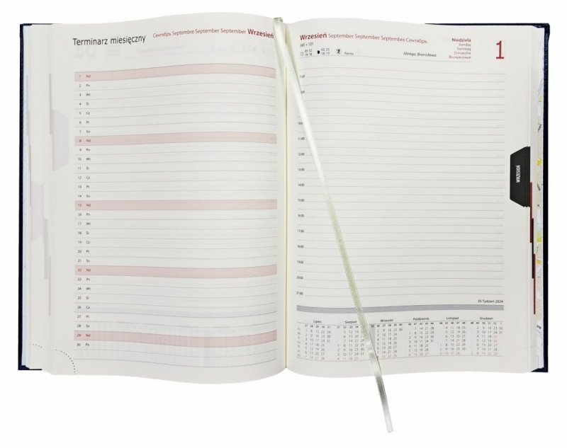 Kalendarz książkowy 2024 A4 dzienny papier chamois drukowane registry oprawa NEBRASKA LUX  granatowa