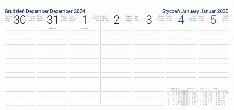 Kalendarium tygodniowe kalendarza szkolnego na rok 2024/2025 dużo miejsca na notatki
