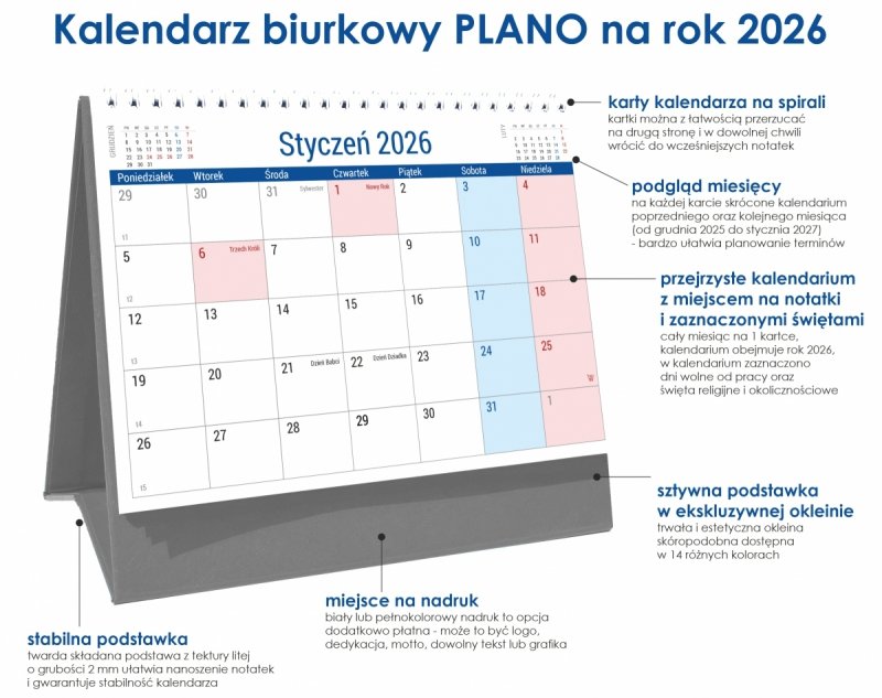 Kalendarz 2026 PLANO stojący na twardej podstawce