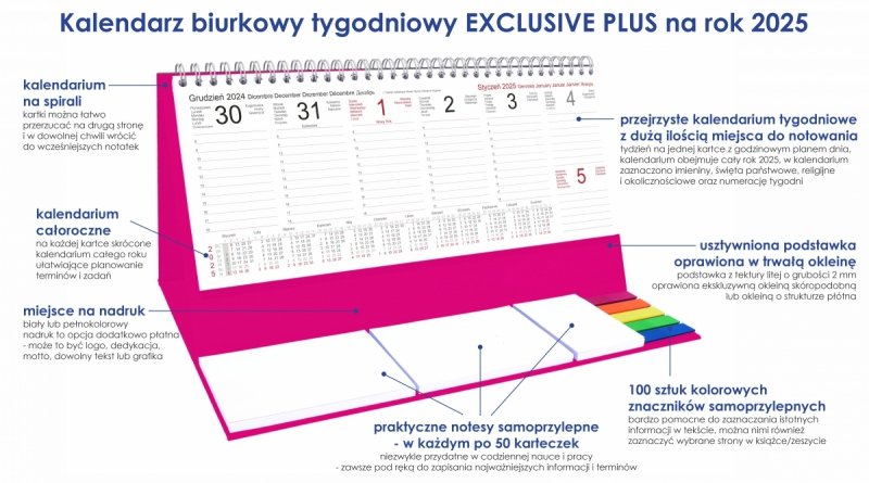 Kalendarz biurkowy stojący na podstawce - kalendarium tygodniowe na rok 2025