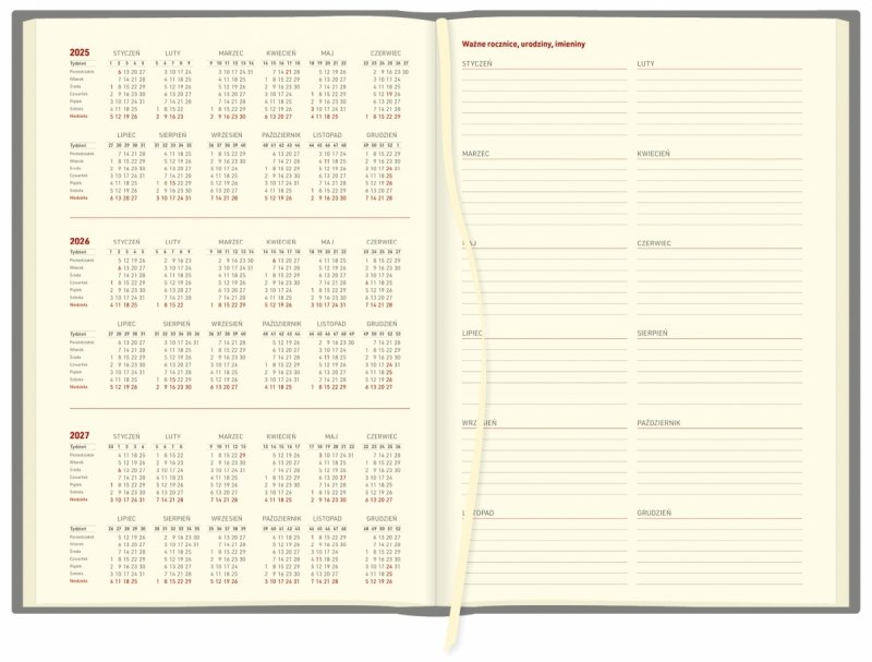 skrócone kalendarium 2025, 2026 i 2027 oraz ważne rocznice, urodziny, imieniny