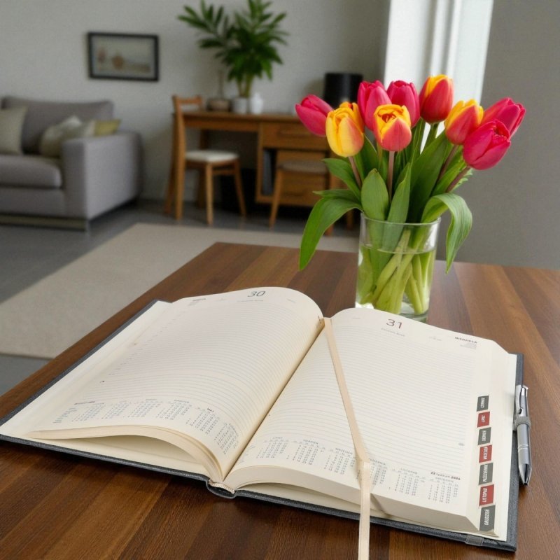 Kalendarz książkowy 2026 A4 dzienny papier chamois wycinane registry oprawa z zamykaniem na gumkę i mocowaniem na długopis ROSSA VIU czerwona