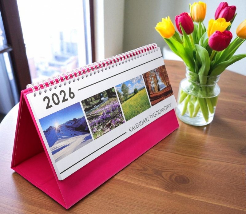 Kalendarz biurkowy stojący na podstawce TYGODNIOWY PREMIUM 2026 różowy