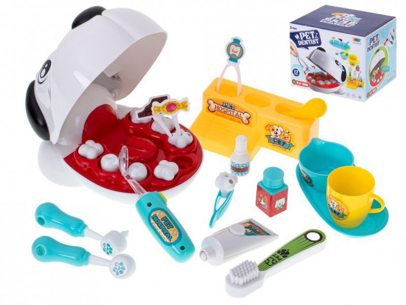Uroczy piesek dentysta - miękki, uśmiechnięty, z narzędziami. Doskonały do zabaw edukacyjnych i rozwijania zdolności manualnych dzieci.