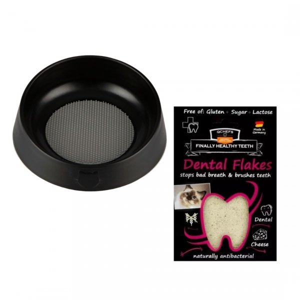ZESTAW! Dla zdrowych ząbków QCHEFS CAT Dental Flakes + OH Bowl® Miska dbająca o higienę jamy ustnej kota Czarna
