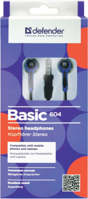 Słuchawki Douszne DEFENDER Basic 604 Czarno-niebieski (1.1m  /3.5 mm wtyk/Czarno-niebieski)