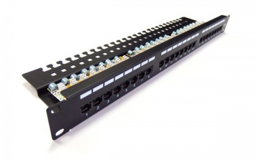 Patch panel 19&quot; 24 porty, kat.6, U/UTP, 1U, wspornik kablowy, czarny (kompletny)