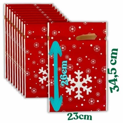 Woreczki świąteczne foliowe ze śnieżynkami XL 10 sztuk z wstążką