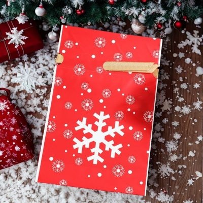 Woreczki świąteczne foliowe ze śnieżynkami XL 10 sztuk z wstążką