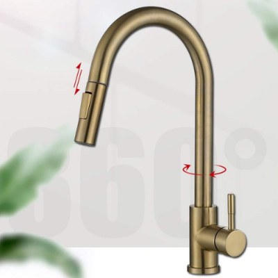 Bateria kuchenna szczotkowane złoto z wyciąganą wylewką – elegancka, obrotowa