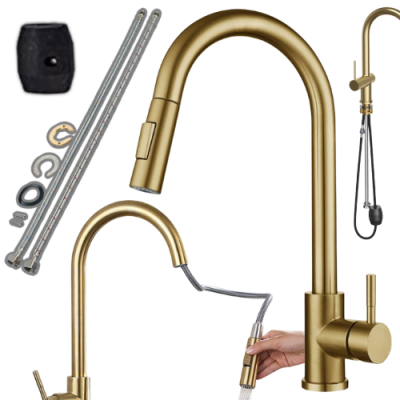Bateria kuchenna szczotkowane złoto z wyciąganą wylewką – elegancka, obrotowa