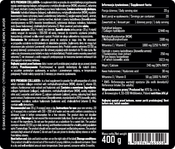 Kolagen KFD Premium Collagen+ 400g Pomarańczowo-Cytrynowy informacja żywieniowa