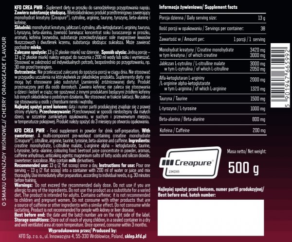 KFD CREA PWR 500g Oranżada Wiśniowa informacja żywieniowa