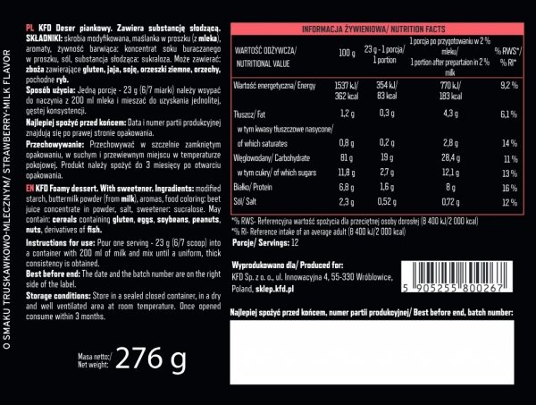 KFD Deser Piankowy 276g Truskawkowo-Mleczny informacja żywieniowa