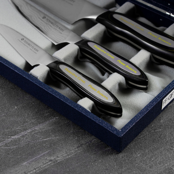 Zestaw 3 noży: Do obierania 9cm, uniwersalny 13cm i szefa kuchni 21cm Tojiro Flash