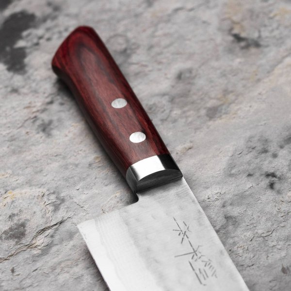 Kunio Masutani VG-10 Hammered Red Damascus Nóż Santoku 17 cm