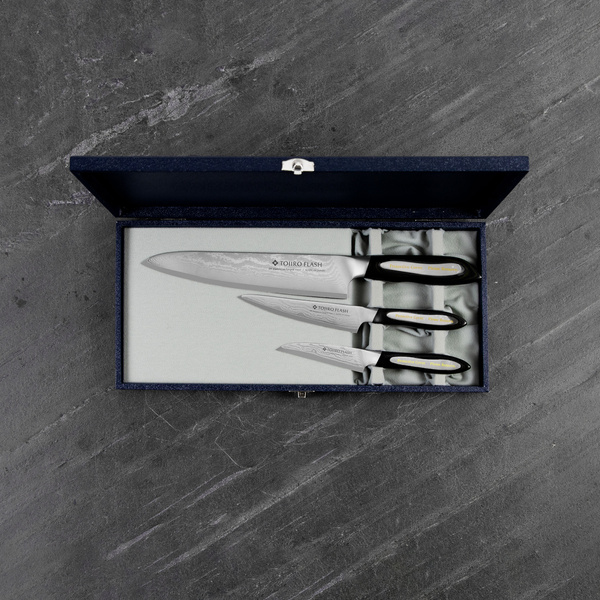 Zestaw 3 noży: Do obierania 9cm, uniwersalny 13cm i szefa kuchni 21cm Tojiro Flash