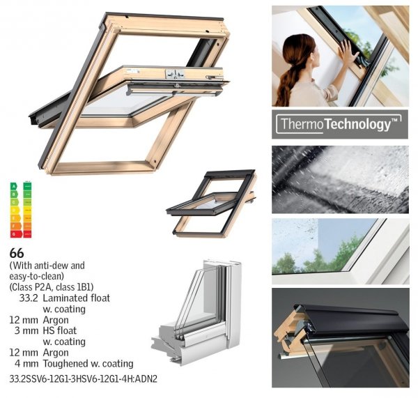 Okno Dachowe Velux GGL 3066 Uw = 1,0 Drewniane okno obrotowe  superenergooszczędne, szkło hartowane i laminowane P2A z pakietem wyciszania deszczu