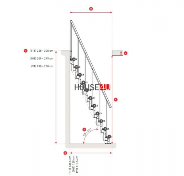 Schody policzkowe środkowe Dolle Atlanta do 300cm 11 stopni, RAL 7016 antracyt, stopnie co 58 cm, schody systemowe wraz z poręczami, wykonanie: proste